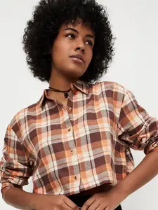 max Women Spread Collar Tartan Checked Cotton Casual Shirt