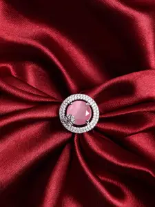 PANASH Rhodium Plated American Diamond Ring with Pink Stone Centerpiece