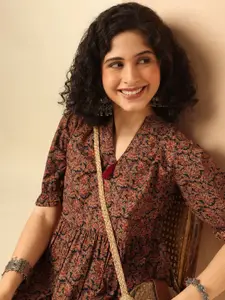 Anouk Women Ethnic Motifs Cotton Print Puff Sleeve Midi Dress