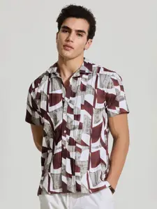 Snitch Men Smart Cuban Collar Abstract Printed Casual Shirt