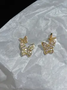 KRENOZ Gold-Plated Stainless Steel Glitter Zircon Crystal Butterfly Shaped Studs