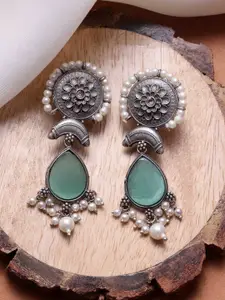 PANASH Silver Plated Cubic Zirconia Oxidized Drop Earrings