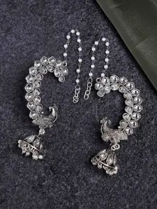 PANASH Silver Plated Kundan Studded Peacock Shaped Jhumkas Earrings