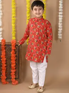 Sangria Boys Floral Printed Mandarin Collar Pure Cotton Straight Kurta and Trouser