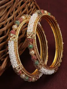 ANIKAS CREATION Set Of 2 Gold-Plated Stone Studded & Pearls Beaded Bangles