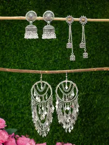 PRIVIU Set of 3 Silver Oxidised Jhumkas & Drop Earrings