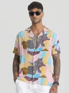 Snitch Men Relaxed Cuban Collar Abstract Printed Casual Shirt