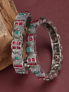 ANIKAS CREATION Set Of 2 German Silver-Plated Oxidised Stone-Studded Bangles