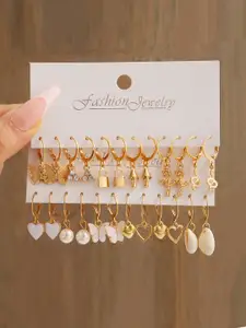 Shining Diva Fashion Pack Of 12 Gold-Plated Artificial Stones and Beads Hoop Earrings