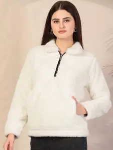 KLOTTHE Women Solid Spread Collar Woolen Fur Winter Jacket