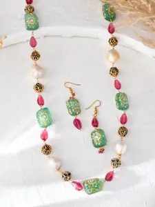 DASTOOR Brass-Plated Stone-Studded & Beaded Necklace & Earrings