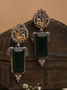 XPNSV Silver-Plated Oxidised Geometric Stone Studded Drop Earrings