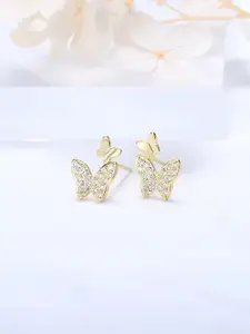 VAGHBHATT Gold Plated Cubic Zirconia Studded Butterfly Shaped Studs Earrings