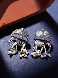 PANASH Silver Plated Elephant Shaped Oxidized Elephant Shaped Drop Earrings