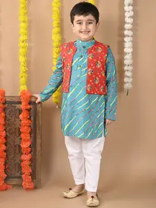 Sangria Boys Leheriya Printed Mandarin Collar Pure Cotton Kurta with Trouser & Jacket