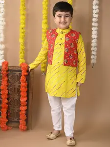 Sangria Boys Leheriya Printed Mandarin Collar Pure Cotton Kurta with Trouser & Jacket