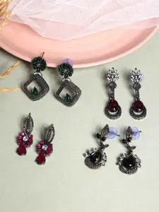 PANASH Pack Of 8 Silver Plated Cubic Zirconia Studded Drop Earrings