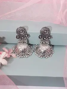 Niscka Rhodium Plated Dome Shaped American Diamond Oxidized Jhumkas