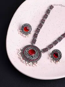 PANASH Silver Plated Stone Studded & Beaded Necklace and Earrings