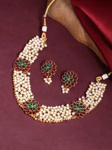 PANASH Gold-Plated Stones Studded & Beaded Necklace & Earrings
