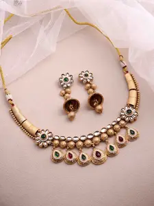 PANASH Gold Plated Stone Studded & Beaded Necklace and Earrings