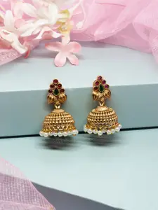 Niscka Gold Plated Ruby Stone Studded & Pearls Beaded Dome Shaped Jhumkas