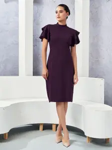 Selvia Women Solid High Neck Flutter Sleeves Bodycon Party Dress
