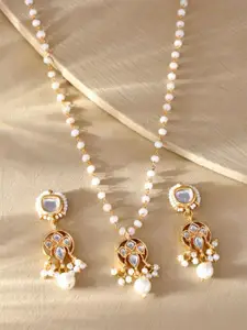 DASTOOR Gold Plated Kundan Studded & Beaded Necklace and Earrings