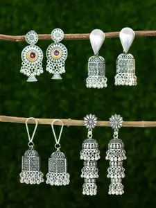 PRIVIU Set of 4 Silver Oxidised Floral & Dome Shaped Jhumkas