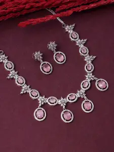 PANASH Rhodium Plated Necklace Set With American Diamond & Pink Stone Accents