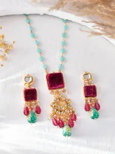 DASTOOR Brass Plated Stone Studded & Beaded Necklace and Earrings