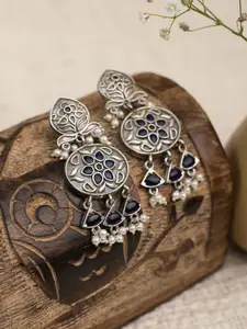 XPNSV Silver Plated Oxidised Stone Studded & Pearls Beaded Floral Drop Earrings