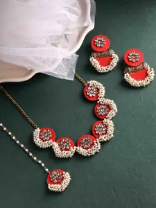 PANASH Gold-Plated Kundan Studded & Beaded Necklace & Earrings With Maang Tika