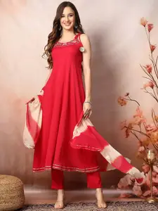 Stylum Pink Solid & Embroidered Poly Crepe A-Line Kurta with Dupatta