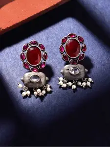 PANASH Silver Plated Cubic Zirconia Studded Oxidized Drop Earrings