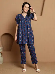 Sangria Printed Pure Cotton Top With Trouser Co-Ords