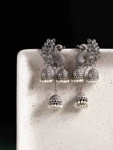 PANASH Silver Plated Artificial Beads Peacock Shaped Drop Earrings
