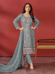 ODETTE Ethnic Motifs Embroidered Sequinned Georgette Semi-Stitched Dress Material