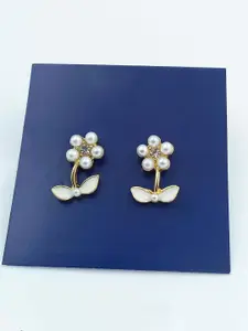 KRENOZ Gold-Plated Stainless Steel Stone Studded & Beaded Mini Floral Studs