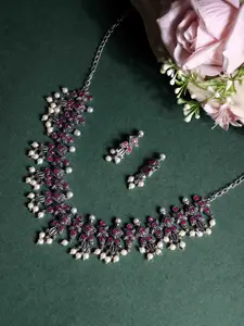 PANASH Silver- Plated CZ Stone Studded & Beaded Necklace & Earrings