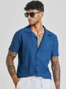 Snitch Men Relaxed Cuban Collar Solid Cotton Casual Shirt