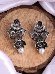 PANASH Silver Plated Cubic Zirconia Studded Peacock Shaped Oxidized Drop Earrings