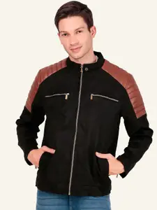 Leather Retail Men Solid Suede Mock Collar Biker Jacket
