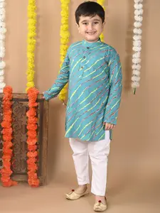 Sangria  Boys Leheriya Printed Mandarin Collar Pure Cotton Straight Kurta and Trouser