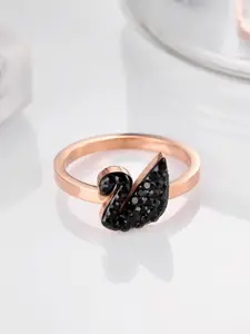 MYKI Rose Gold-Plated Stainless Steel Cubic Zirconia-Stone-Studded Swan Finger Ring