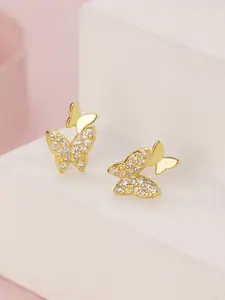 VAGHBHATT Gold-Plated Stainless Steel Glitter CZ & Crystal Studded Butterfly Shaped Studs