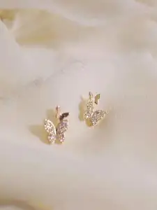VAGHBHATT Gold-Plated Stainless Steel Glitter CZ & Crystal Studded Butterfly Shaped Studs