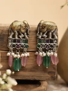 XPNSV Silver-Plated Stone Studded & Beaded Elephant Shaped Drop Earrings