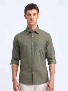 Flying Machine Men Cutaway Collar Solid Cotton Casual Shirt