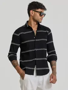 Snitch Men Smart Spread Collar Horizontal Striped Cotton Casual Shirt